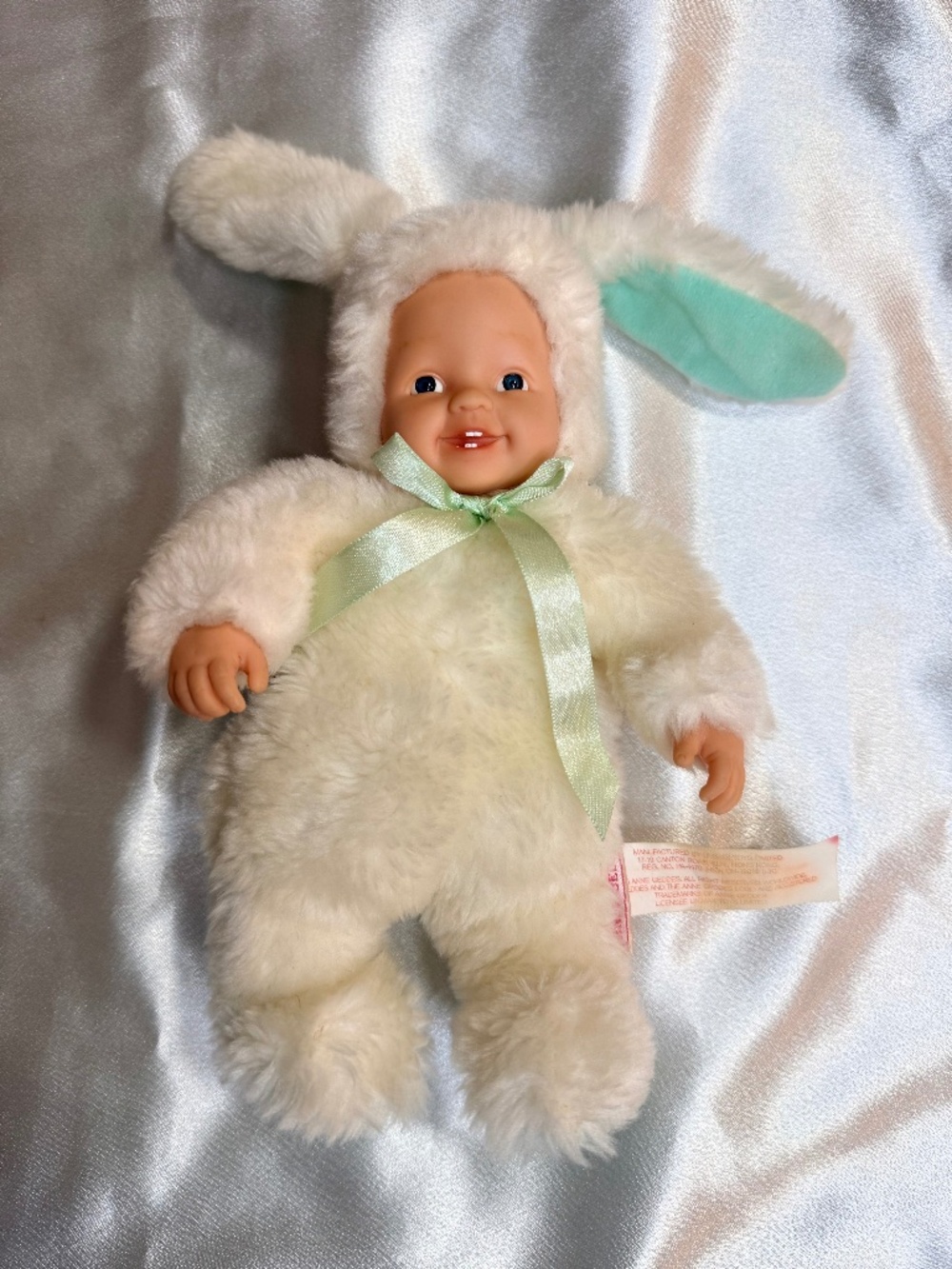 Vintage Anne Geddes Baby Bunny Doll White Rabbit Plush 1990s 9" Blue Eyes